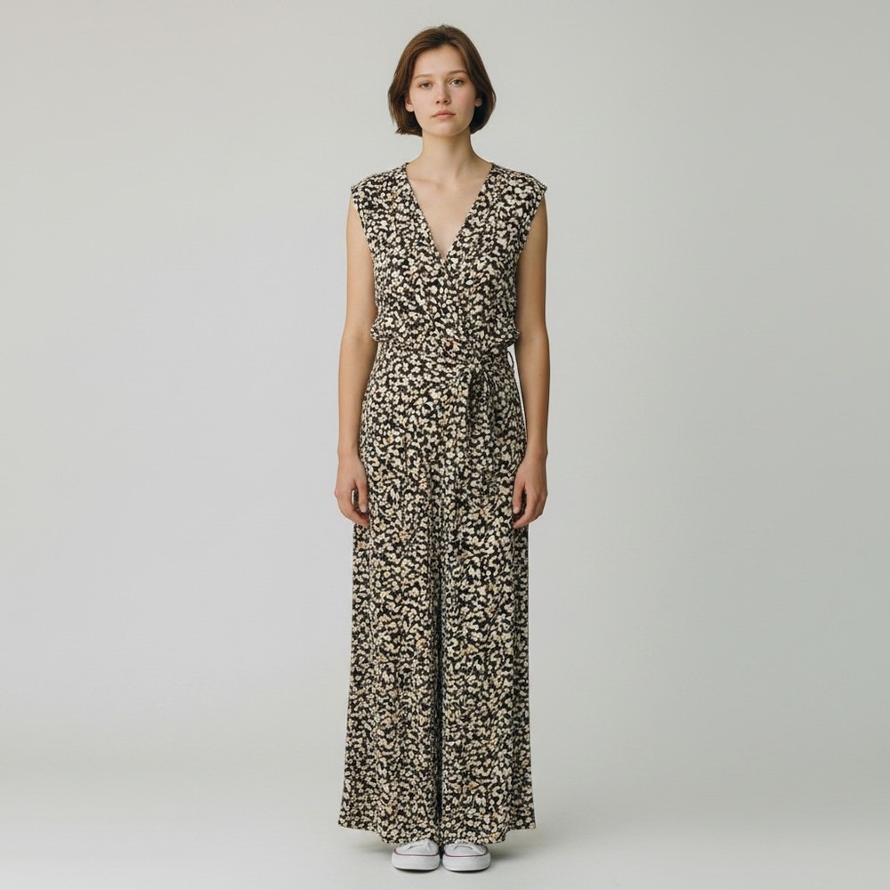Chico's Jumpsuit Women 3 (XL) Black Tan Abstract Print Wide Leg Sleeveless